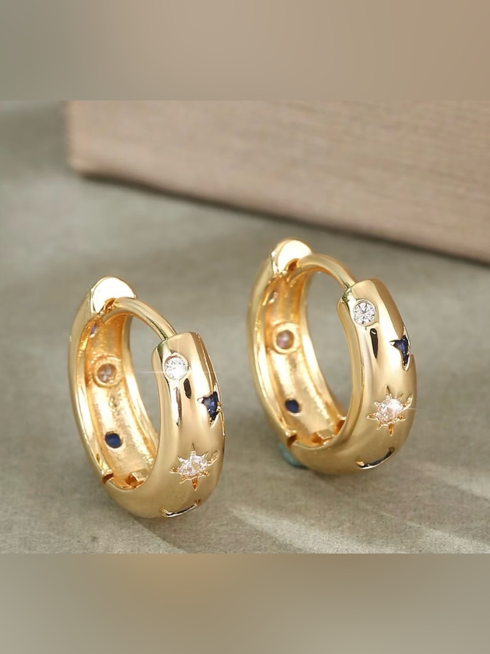 Gold Celestial Starburst Blue & Clear Gem Huggie Hoop Earrings
